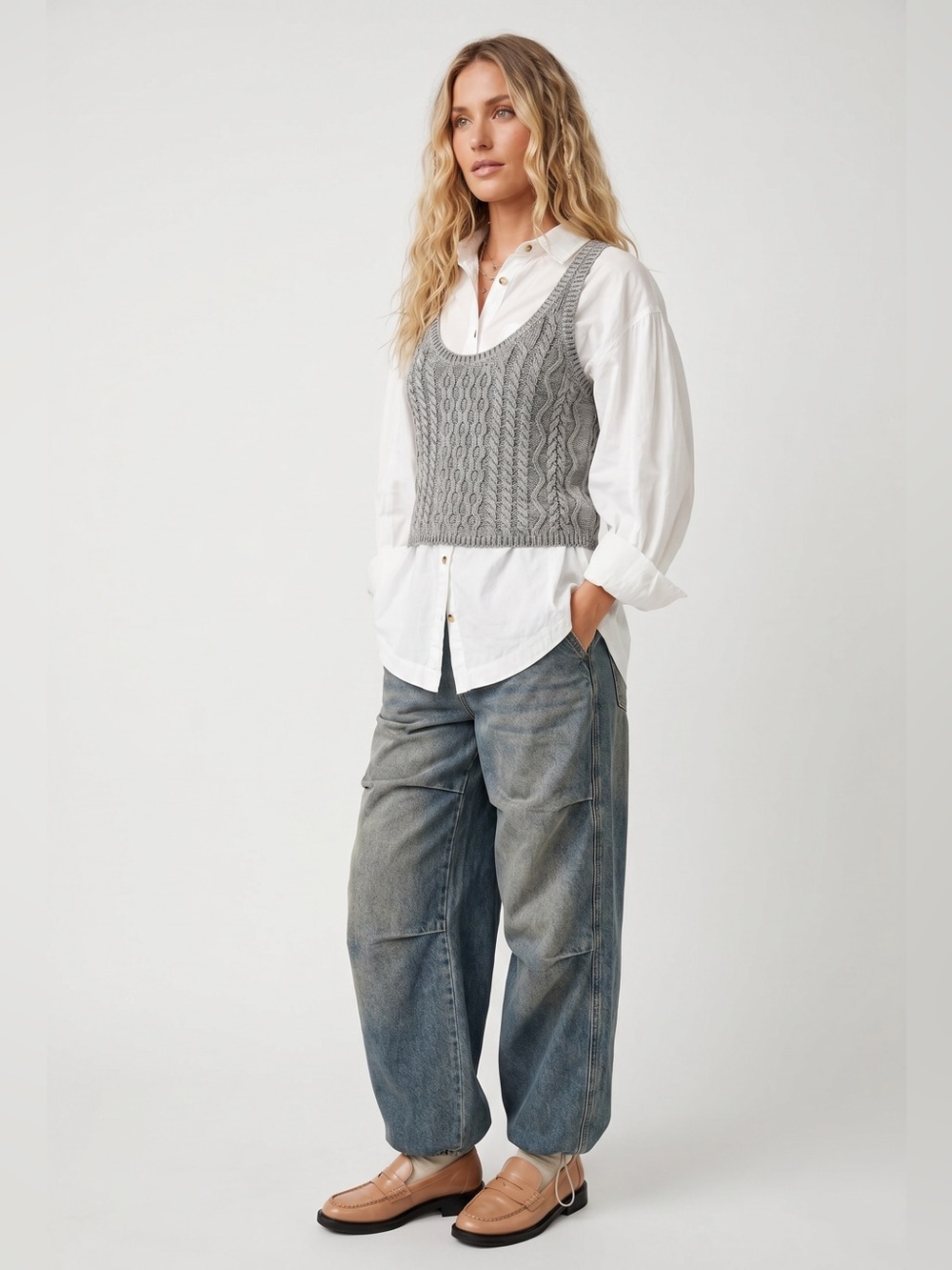 NWT Free People Cable Knit Sweater Tank Gray Cotton Scoop Neck Slouchy Top S